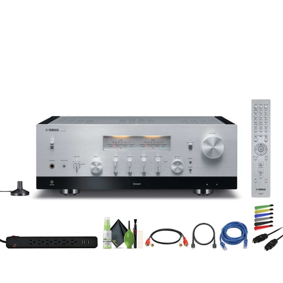Yamaha R-N2000A 2.1-Channel Network Stereo Receiver (Silver) Bundle With HDMI Cable + dual RCA male to male + Cat5e Ethernet Patch Cable Stranded - Black + More