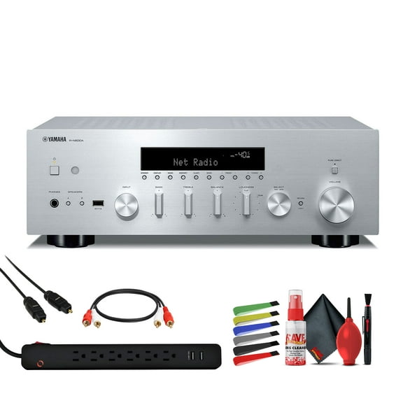 Yamaha R-N600A 2.1-Channel Network A/V Receiver with Streaming, Phono and Built-in DAC (Sliver) + 6-Outlet 2 USB 400 Joule Surge Protector + Toslink Optical Cable + Dual RCA Cable + Cleaning kit
