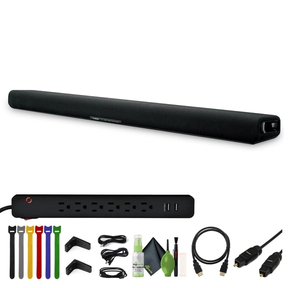 Yamaha SR-B30A 120W 2.1-Channel Sound Bar with Built-In Subwoofers + 6-Outlet 2 USB 400 Joule Surge Protector, Black + HDMI Cable Gold plated 6FT + More
