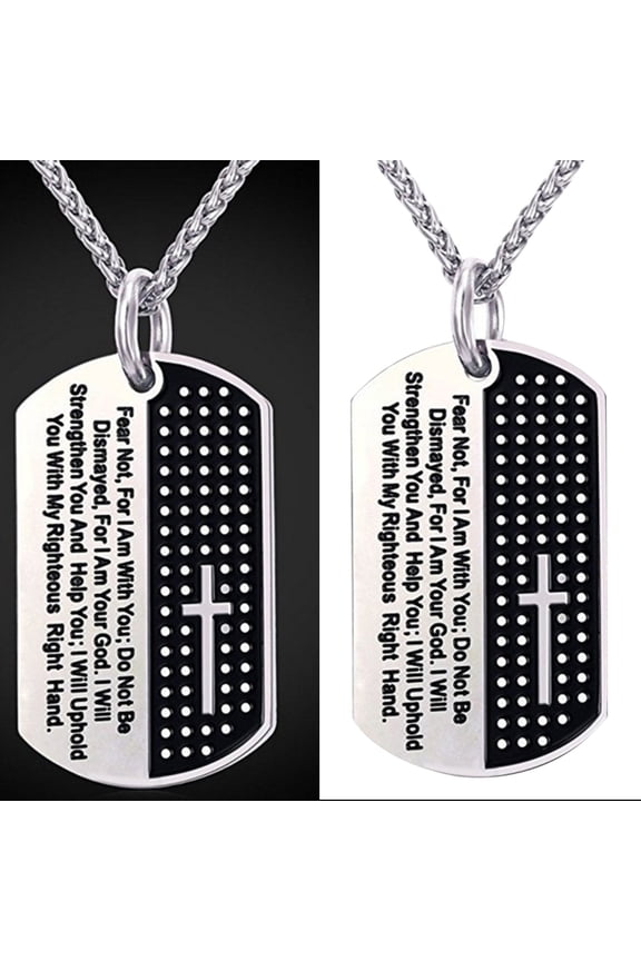 Stainless Steel Dog Tag Cross Bible Verse Pendant Men Necklace Christian Jewelry