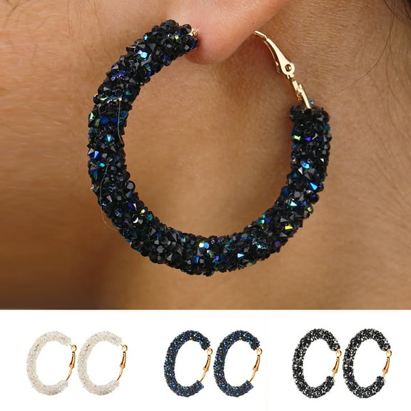 Yamaler Women Rhinestone Inlaid Geometric Big Round Drop Hoop Earrings Jewelry Gift