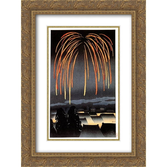 Yamamura Toyonari 2x Matted 20x24 Gold Ornate Framed Art Print 'Festival Night Fireworks'