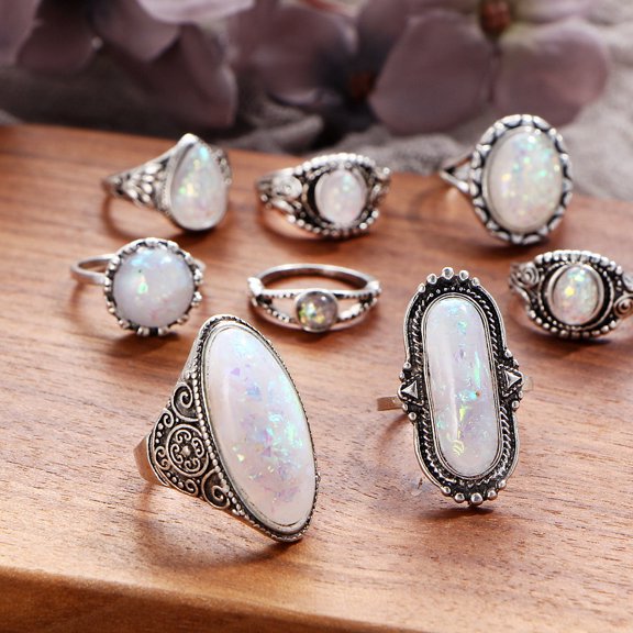Yaman Rings 8PC Boho Jewelry Silver Natural Gemstone Marquise Moonstone Personalized Ring other