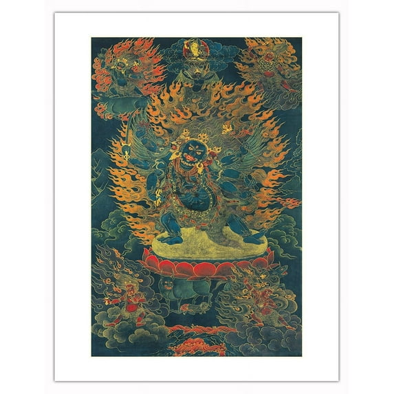 Yamantaka Conquer of Death - Buddhist Tantric Deity - Vintage Tibetan Thangka Buddhist Painting - Tibet, 18th Century - Bamboo Fine Art 290gsm Paper (Unframed) 17x22in