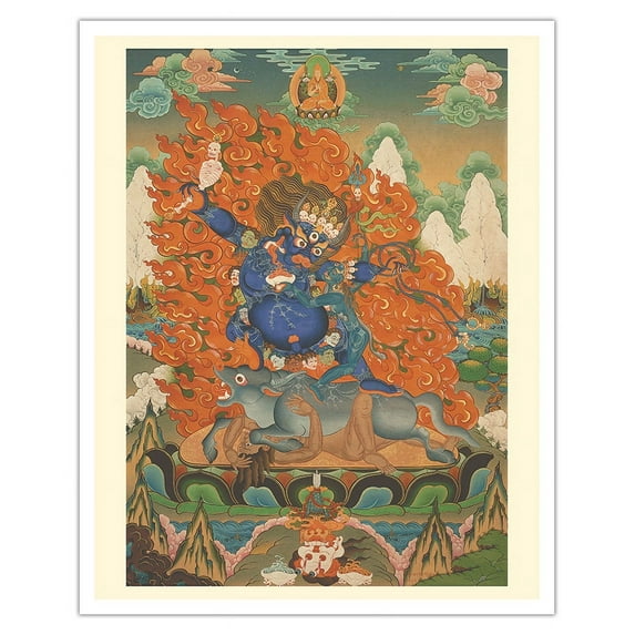 Yamaraja (King of the Dead) - Dharmapala Protective Deity - with Sister Yami - Vintage Tibetan Thangka Buddhist Painting - Fine Art Matte Paper Print (Unframed) 16x20in