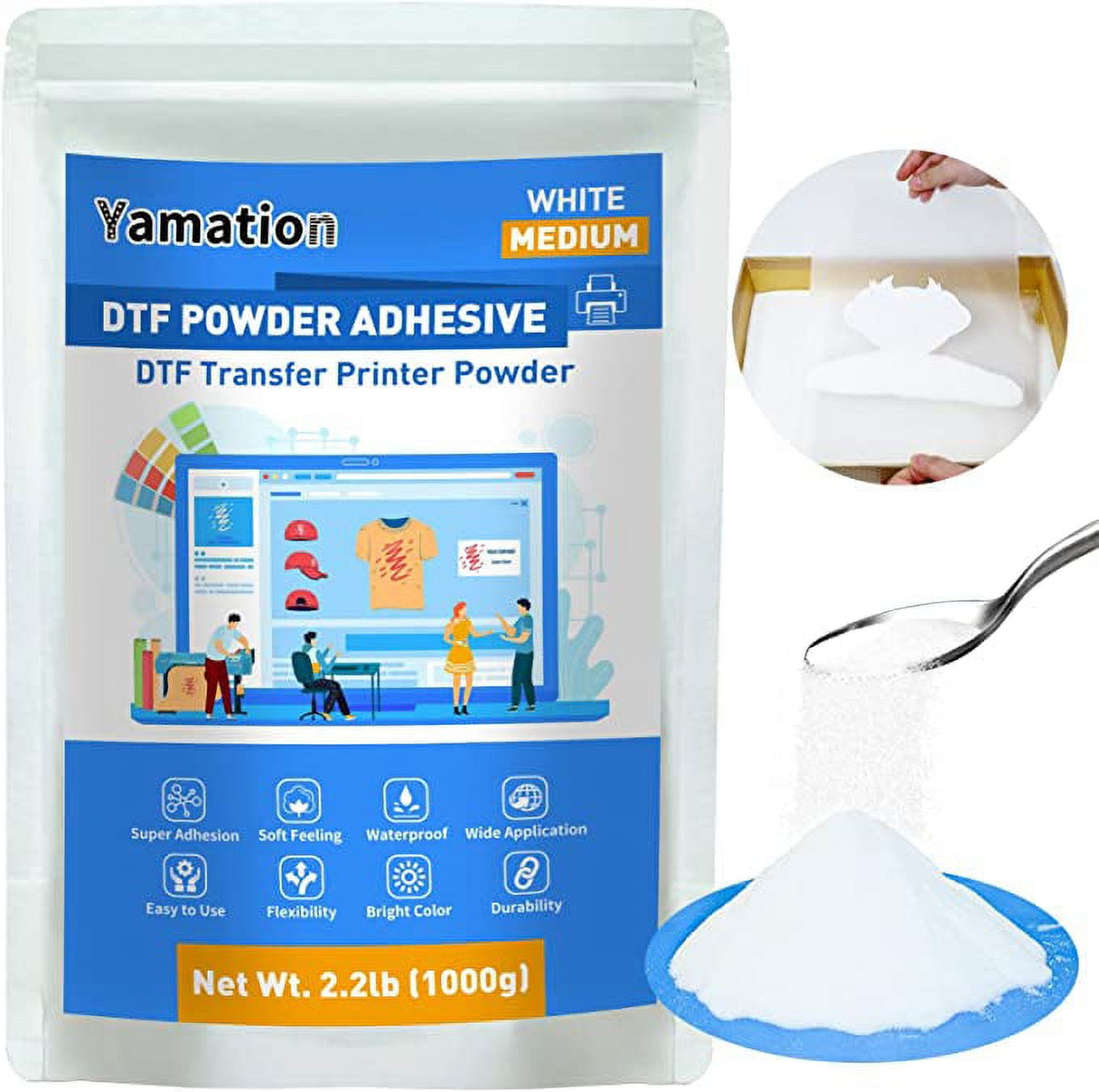 Yamation DTF Powder Adhesive White 2.2lb / 1kg DTF Transfer Powder Hot Melt  Adhesive for Digital Prints on T-Shirts 