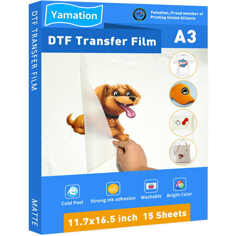 Yamation DTF Transfer Film 11.7 x 16.5 A3 15 Sheets, Direct to Film DTF  PET Heat Transfer Paper Hot & Cold Peel for T-Shirts 