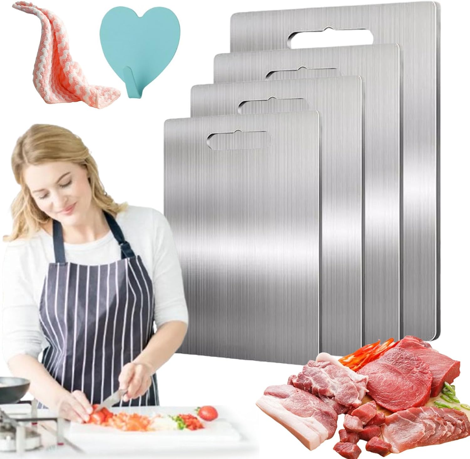 Lot De 3 Planches à Découper En Titane / Acier Inox 304 - Double Face, Hygiénique, Facile à Nettoyer - Tailles Variées