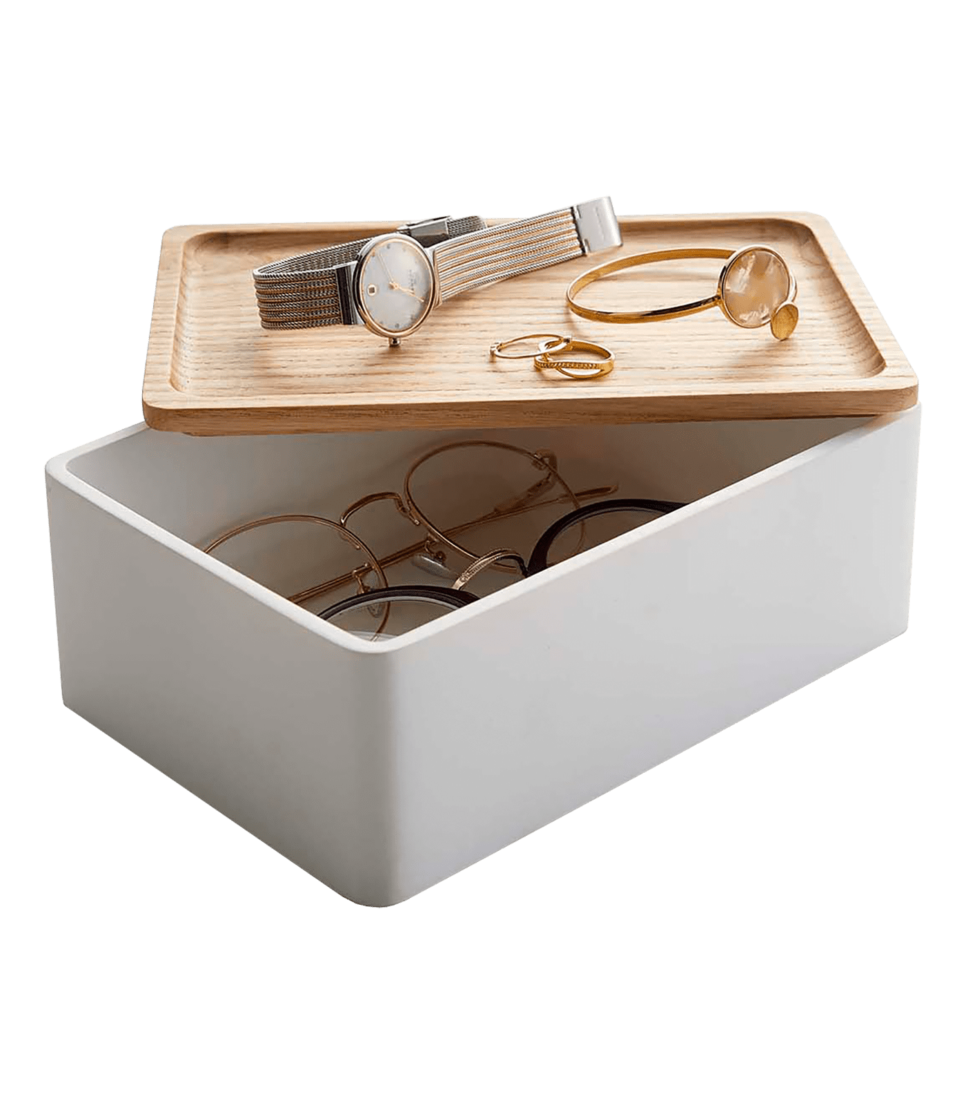 White Polystone Rectangular Accessory Box with Wooden Lid