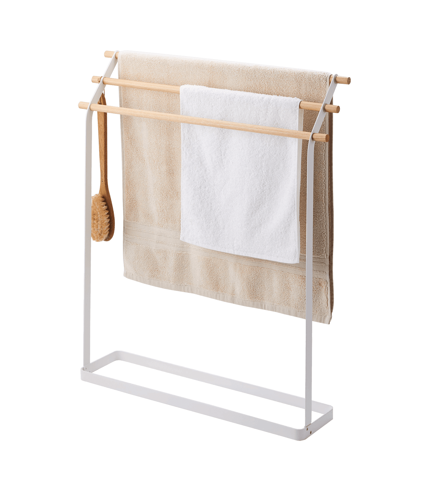 White and Natural Wood Freestanding Bath Towel Rack