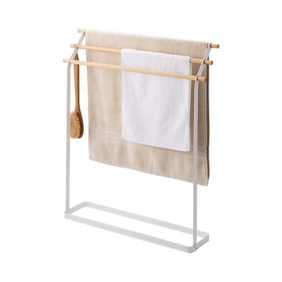 Yamazaki Home Bath Towel Rack, Steel and Wood, Holds towels up to 54" long, Holds 6.6 lbs - L 6.3 x W 28.35 x H 32.28 inches