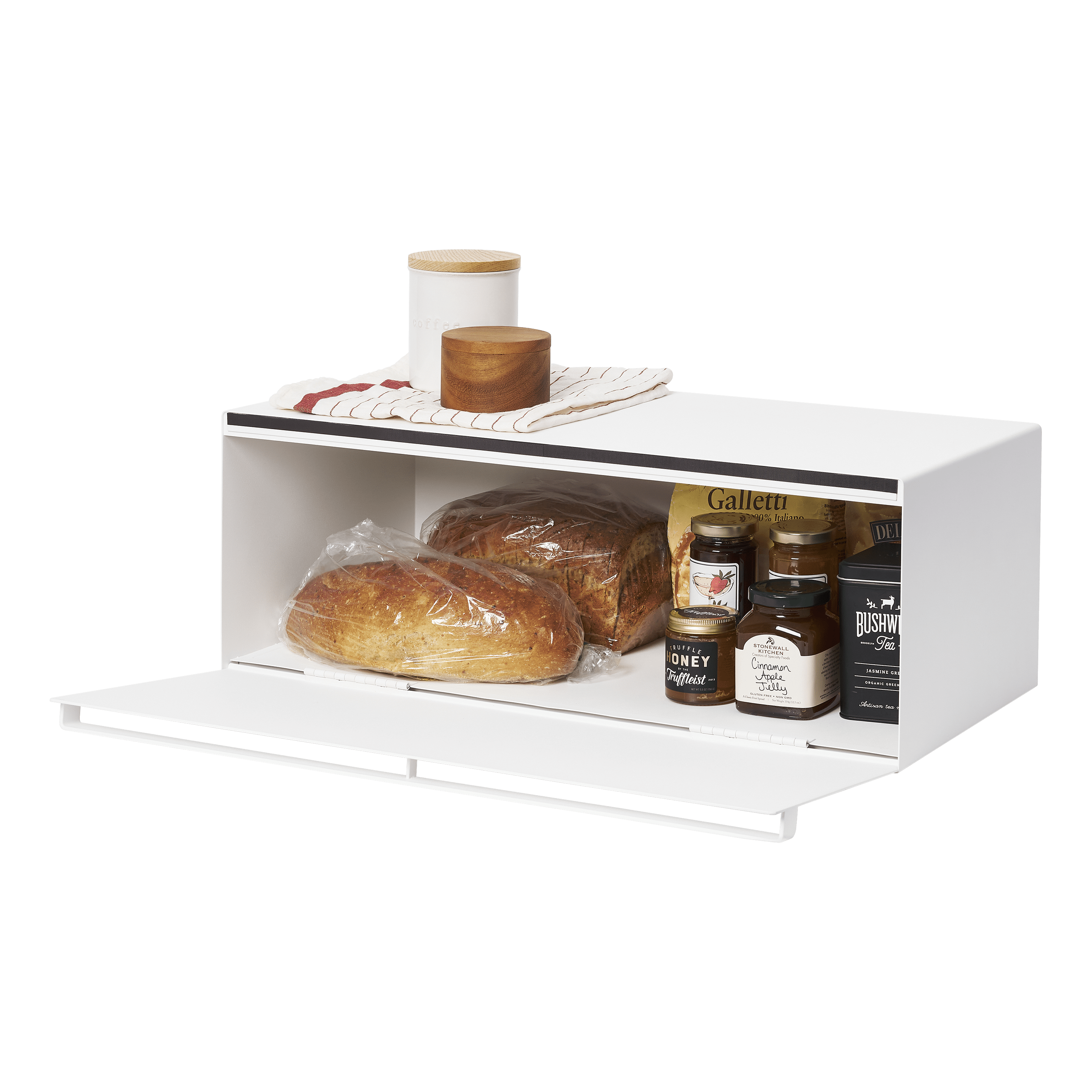 Wide White Steel Bread Box with Magnetic Door