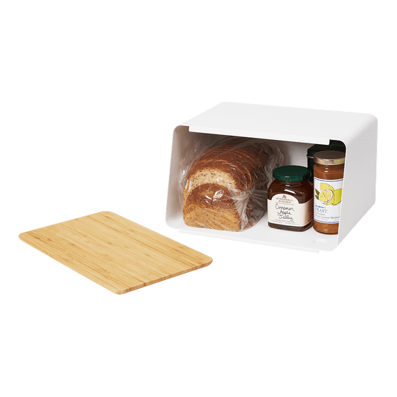 Yamazaki Home Bread Box with Cutting Board Lid, White, Steel + Bamboo, Lid, No Assembly