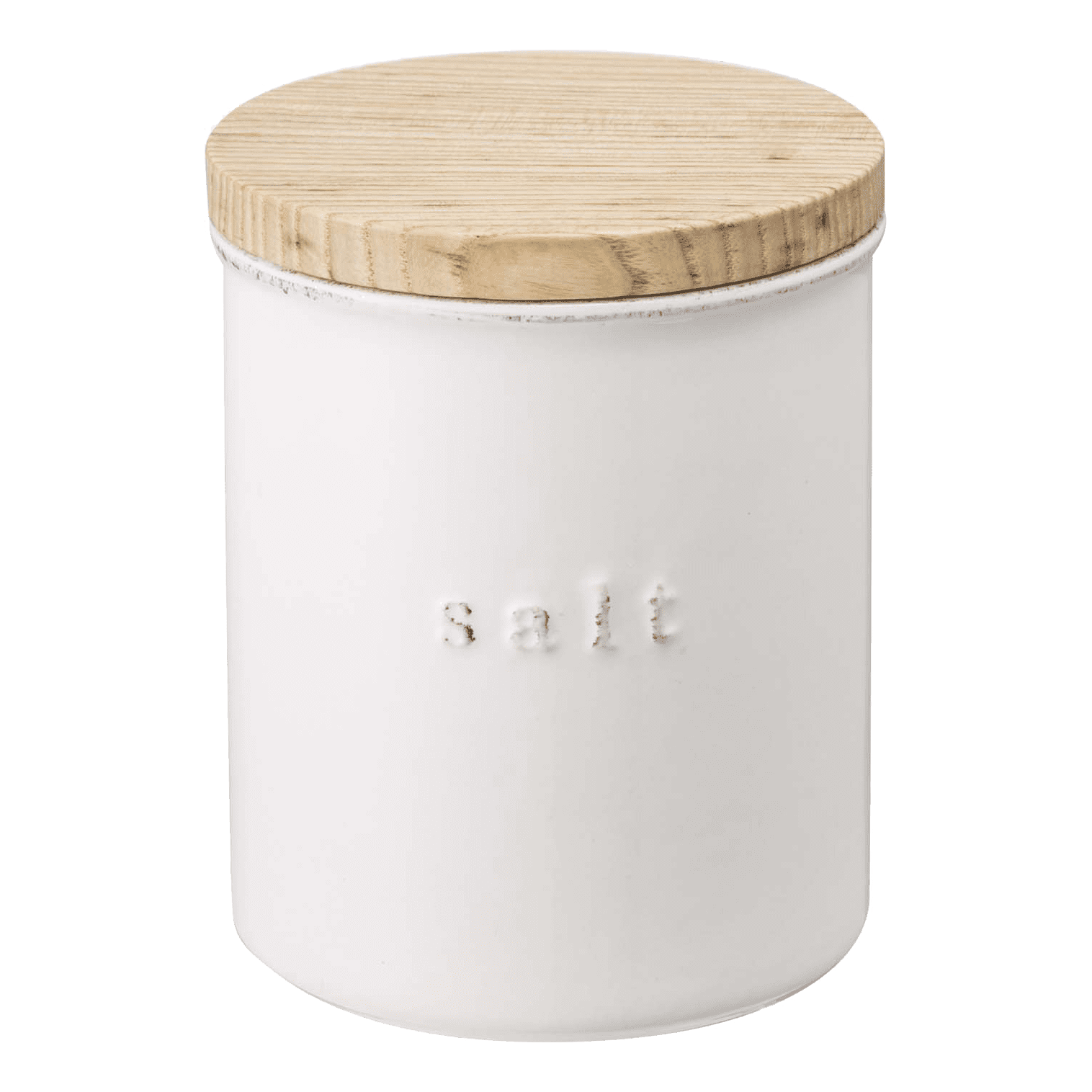 White Ceramic Salt Canister with Wooden Lid