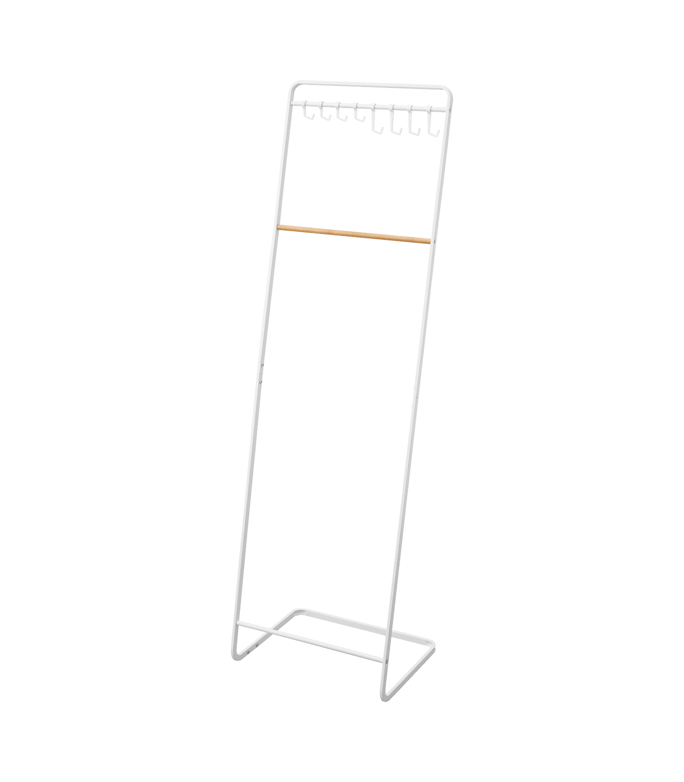 White Steel Freestanding Coat Rack with Wooden Bar and Hooks