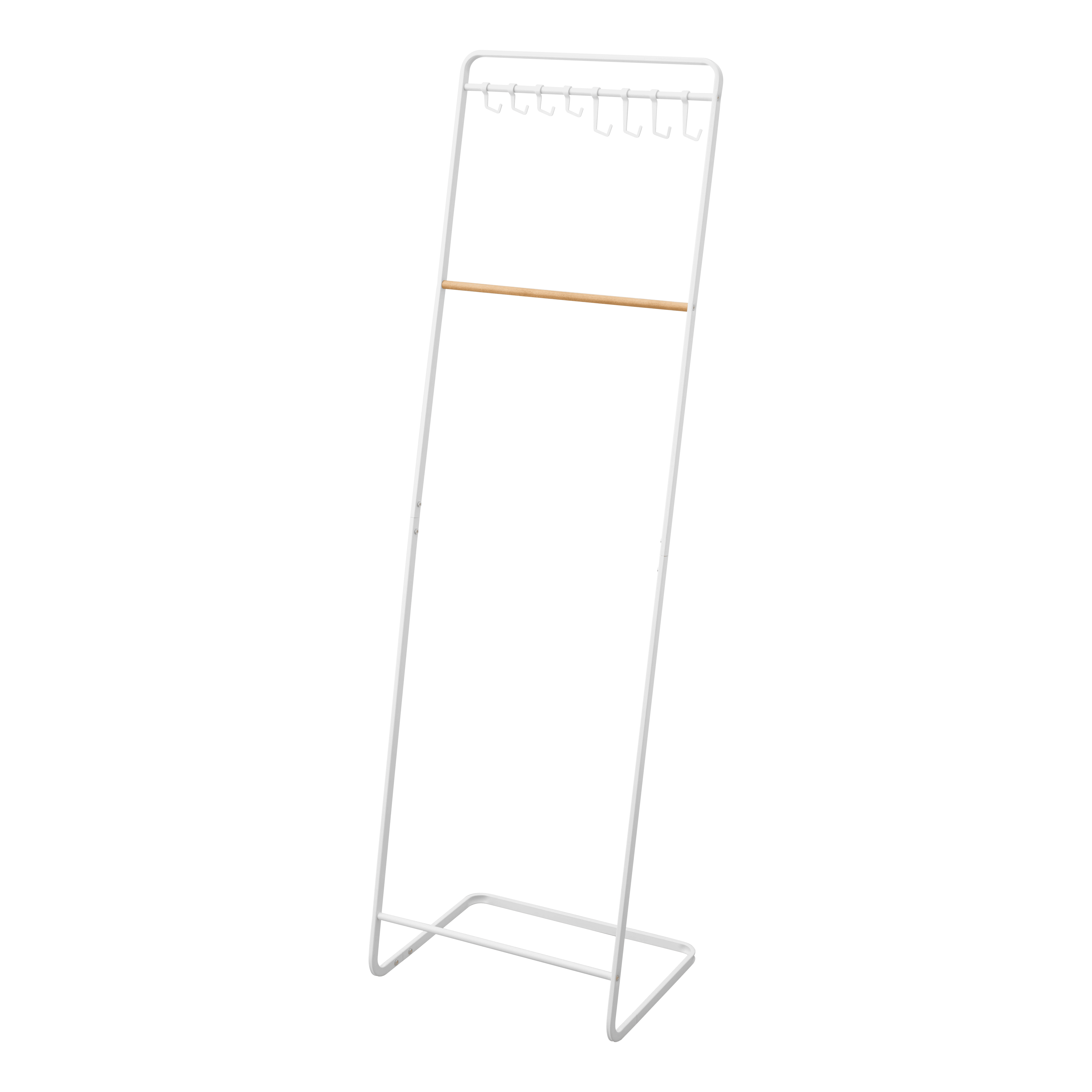 White Steel Freestanding Coat Rack with Wooden Bar and Hooks