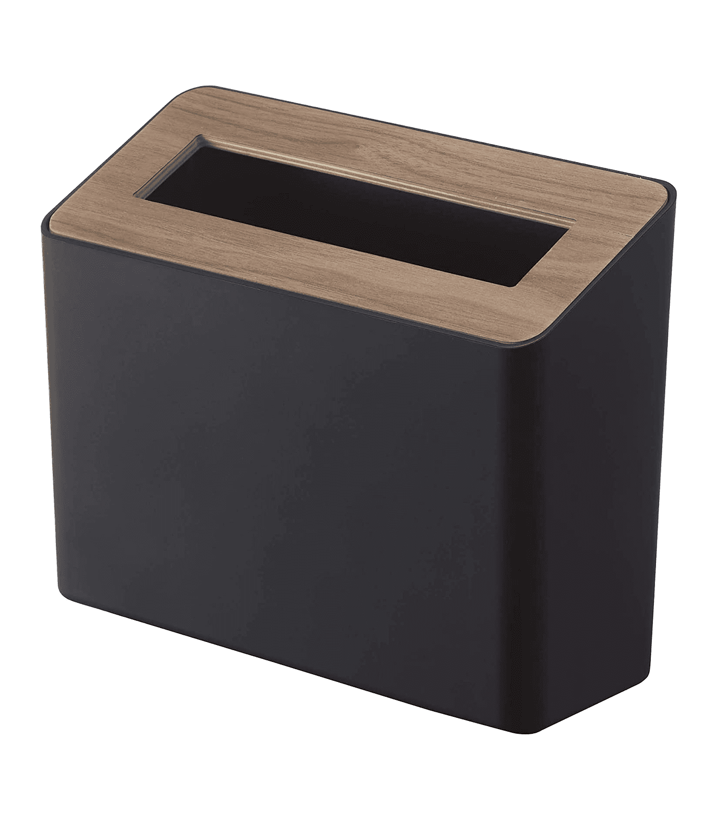 Compact Walnut and Black Plastic Tabletop Trash Can with Lid