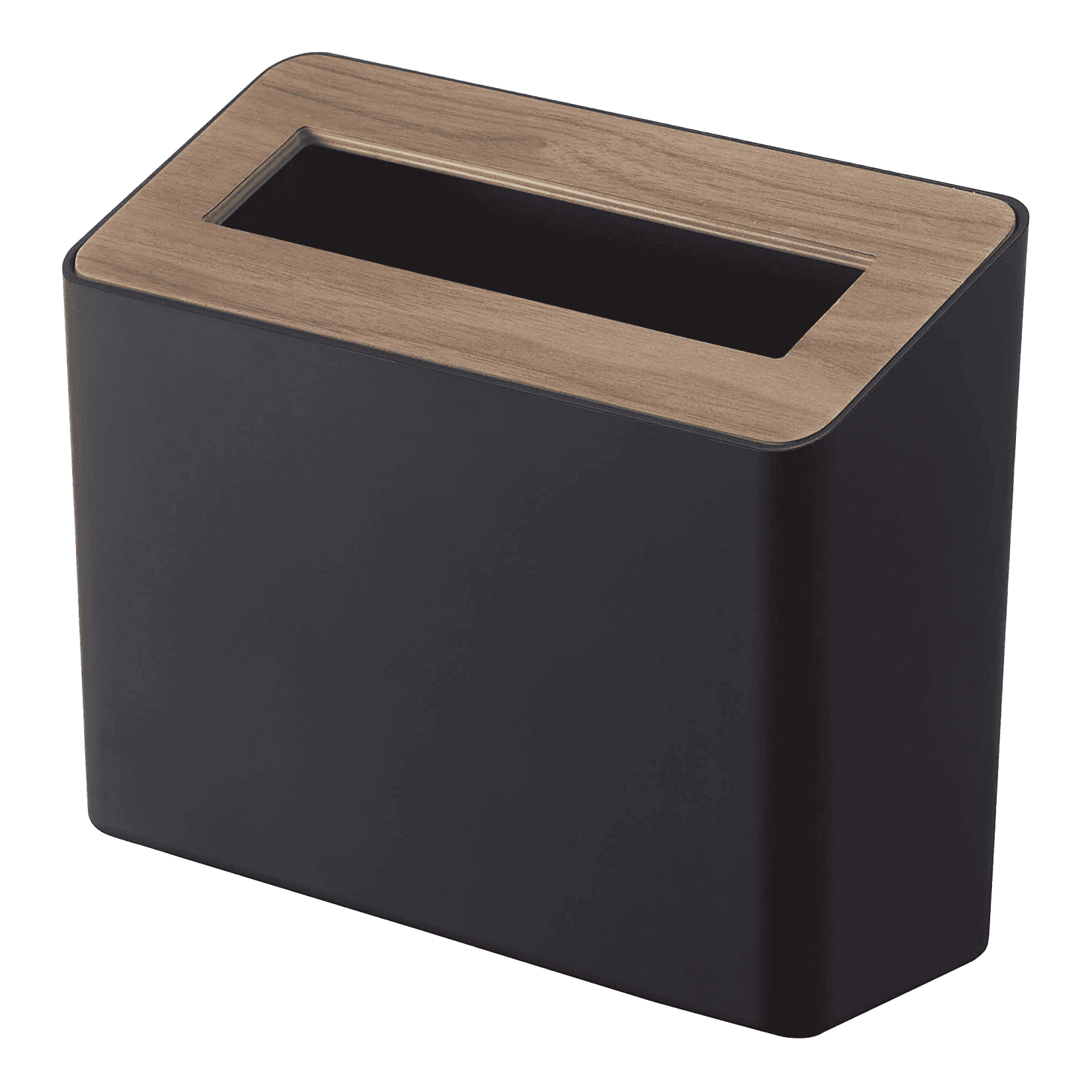 Compact Walnut and Black Plastic Tabletop Trash Can with Lid