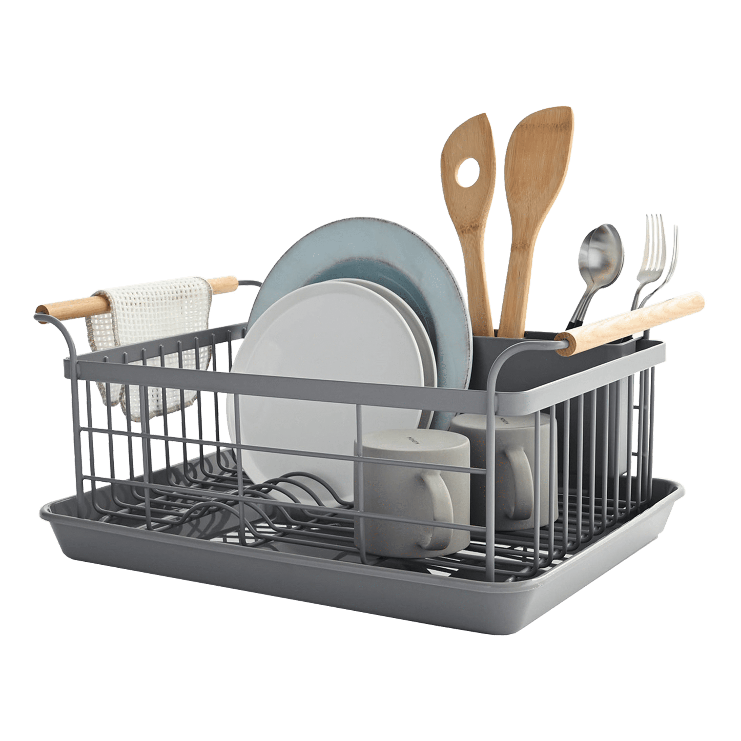 Gray Steel Dish Drainer Rack with Wood Handles and Utensil Cup