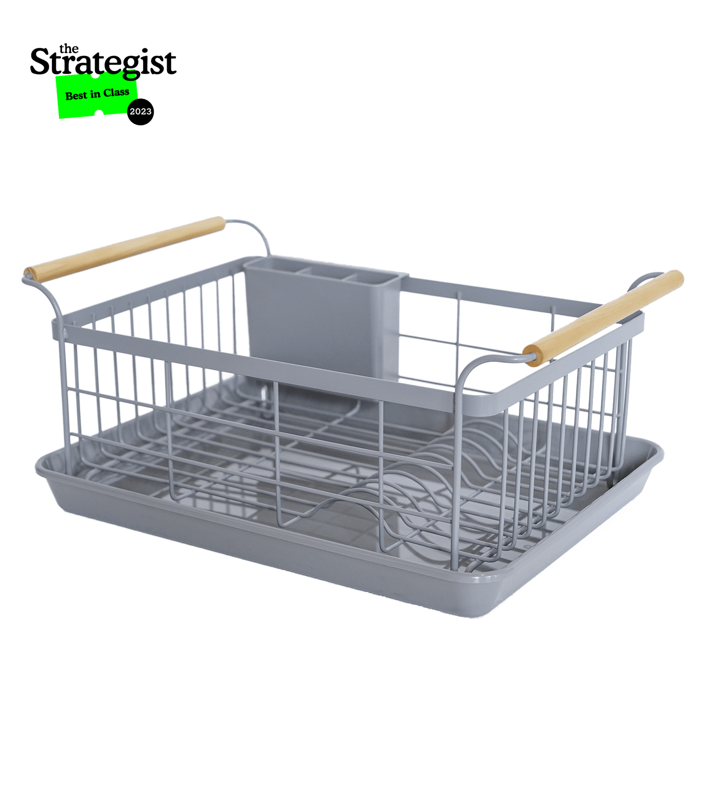 Gray Steel Dish Drainer Rack with Wood Handles and Utensil Cup