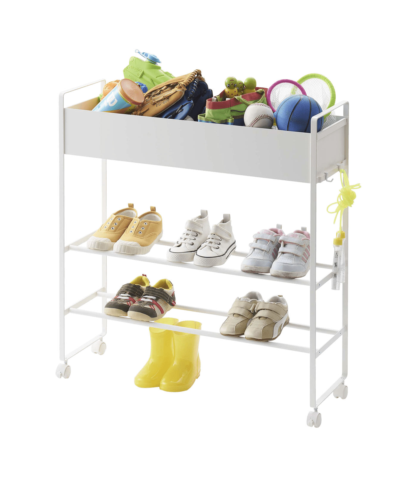 White Rolling Metal Entryway Shoe and Storage Rack