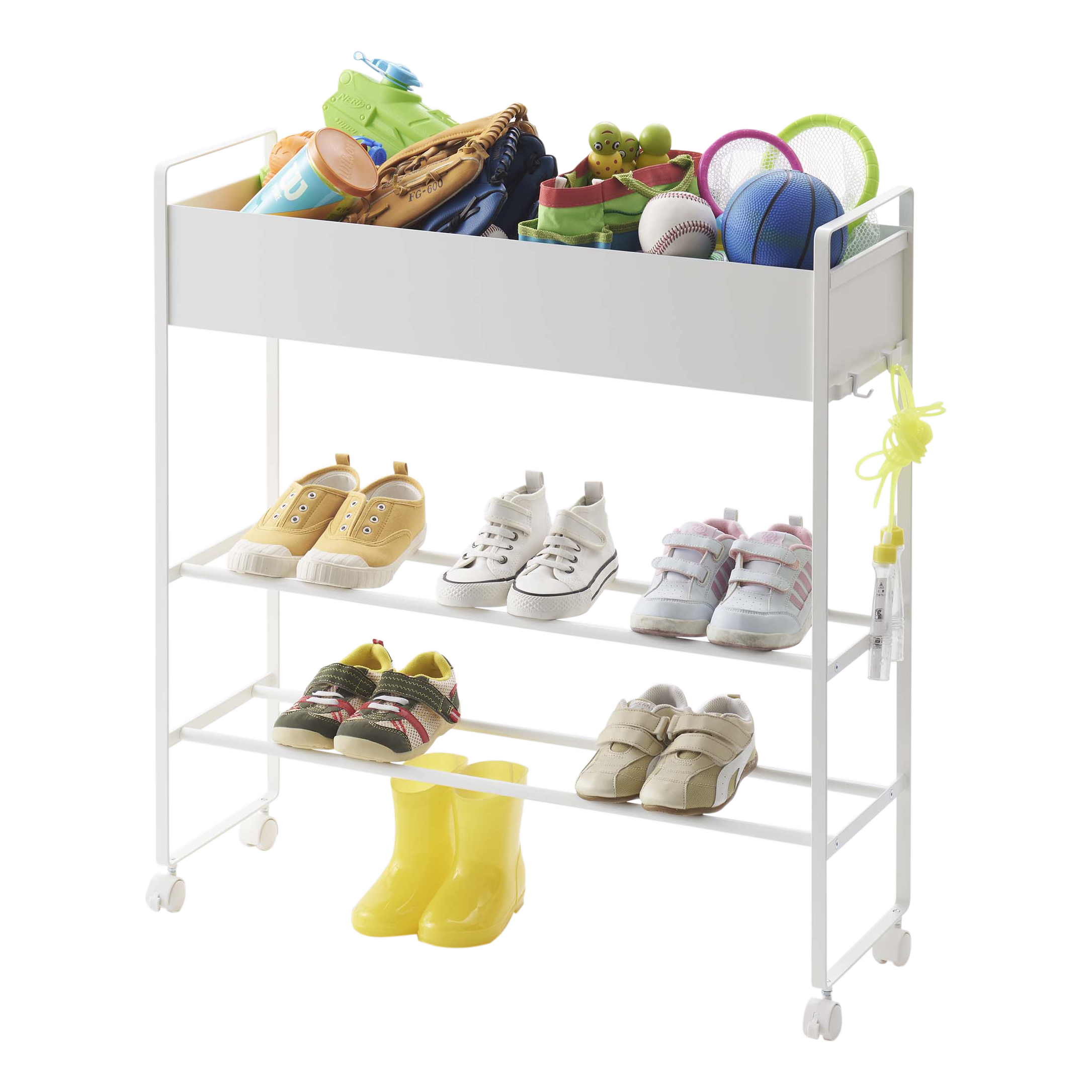 White Rolling Metal Entryway Shoe and Storage Rack