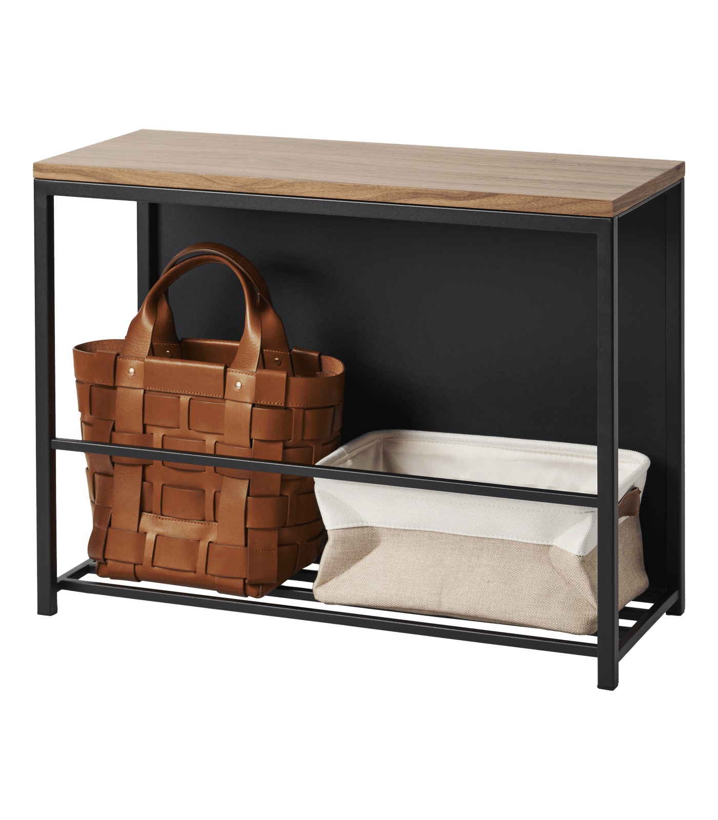 Black Steel and Wood Entryway Storage Bench with Concealed Storage