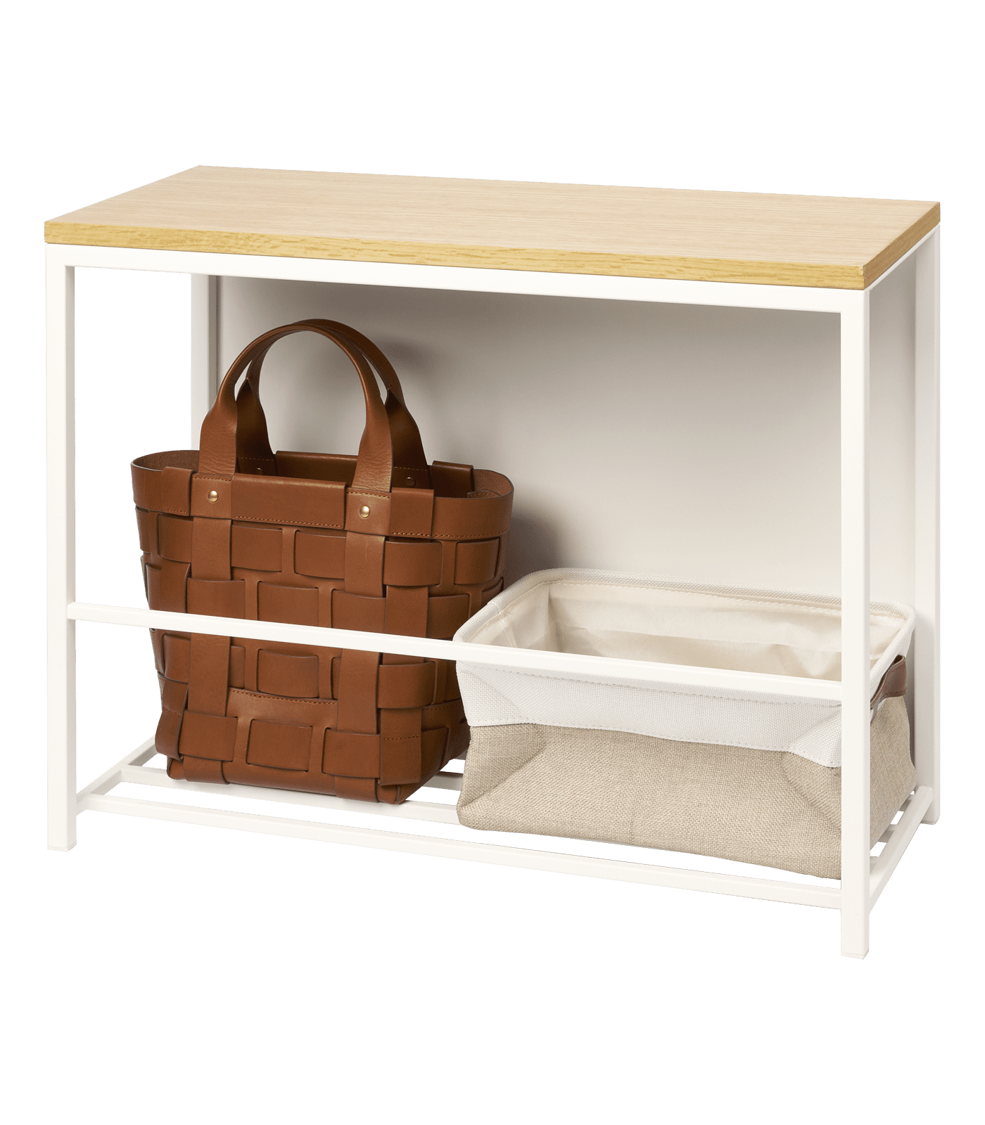 White Steel and Wood Entryway Storage Bench with Concealed Shelf
