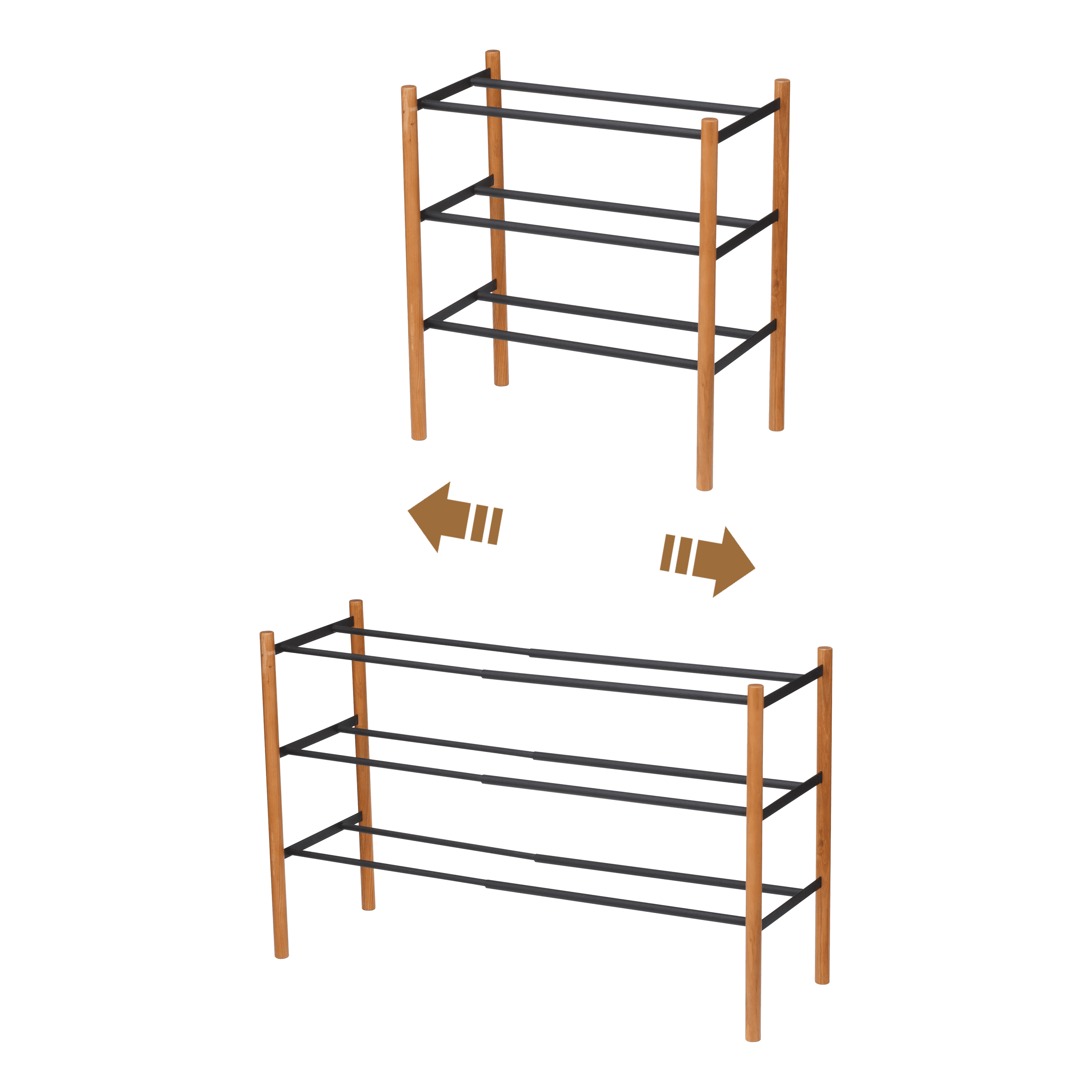 Expandable Black and Light Wood 3-Tier Shoe Rack