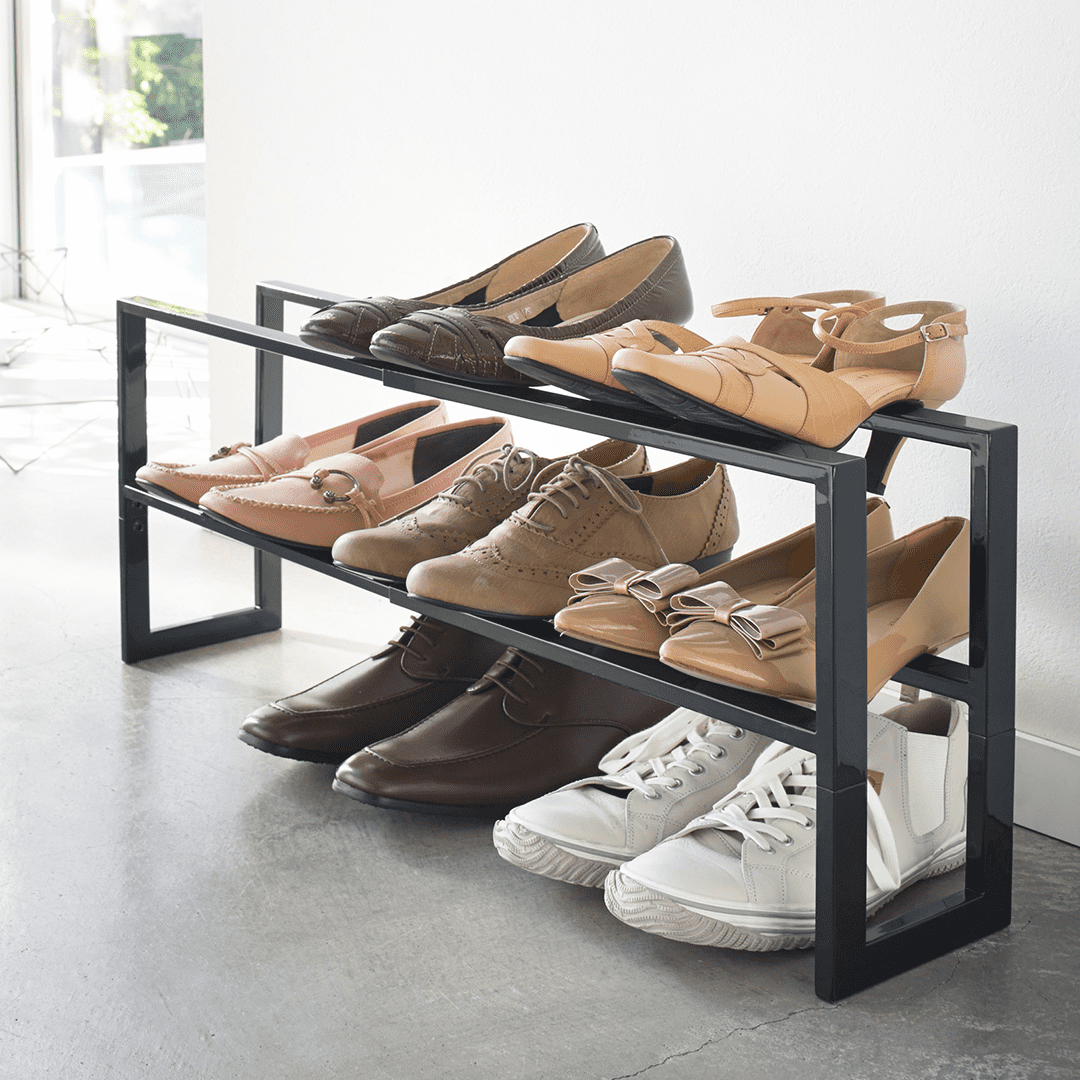 Yamazaki Home Expandable Shoe Rack Two Sizes Black Steel Double Holds 6 to 12 shoes Expandable