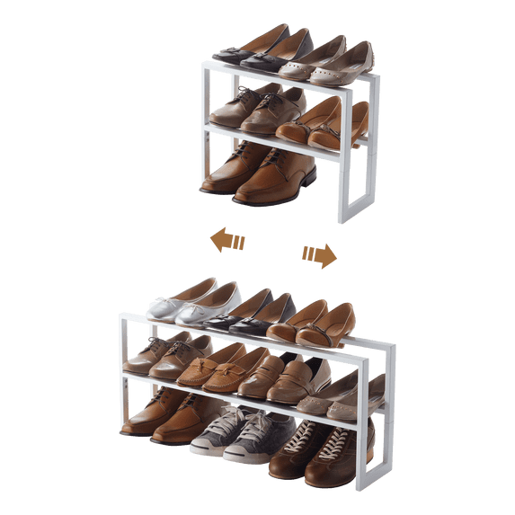 Yamazaki Home Expandable Shoe Rack - Two Sizes, White, Steel, Double, Holds 6 to 12 shoes, Expandable