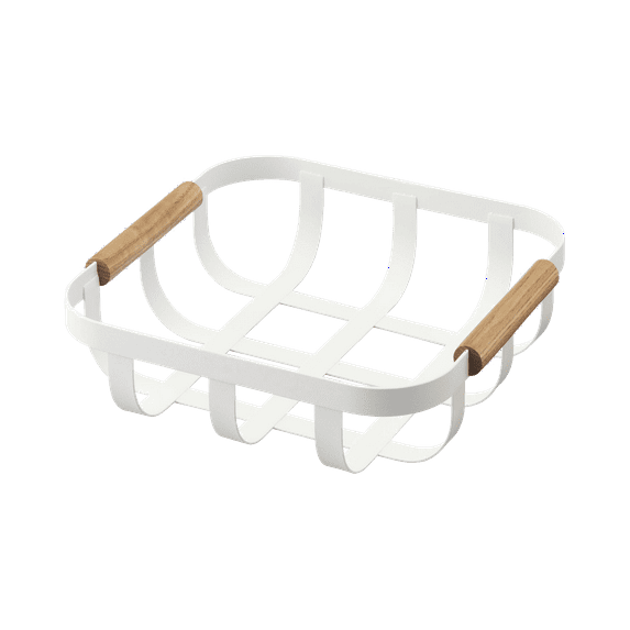 Yamazaki Home Fruit Basket, White, Steel + Wood, Handles, No Assembly