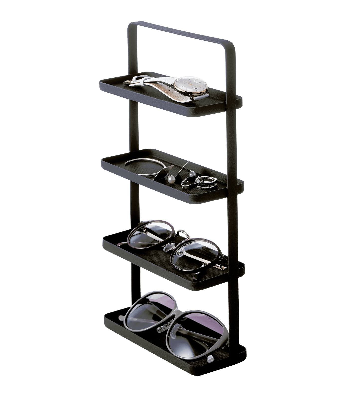 Sleek 4-Tier Black Steel Jewelry & Accessory Organizer Tray