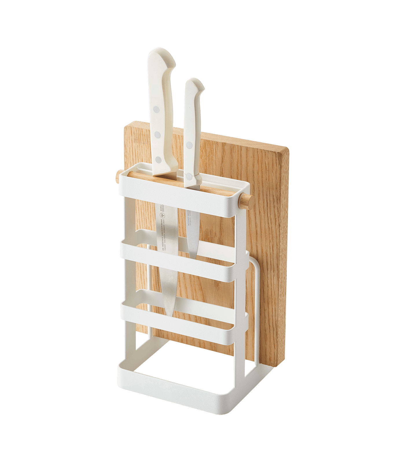 White Steel and Wood Countertop Knife and Cutting Board Organizer