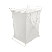 Yamazaki Home Laundry Hamper with Cotton Liner - Two Sizes, White, Steel + Cotton, Large, 20 gallons, 75 liters, Collapsible, Handles, Machine Washable, Removable Liner, No Assembly