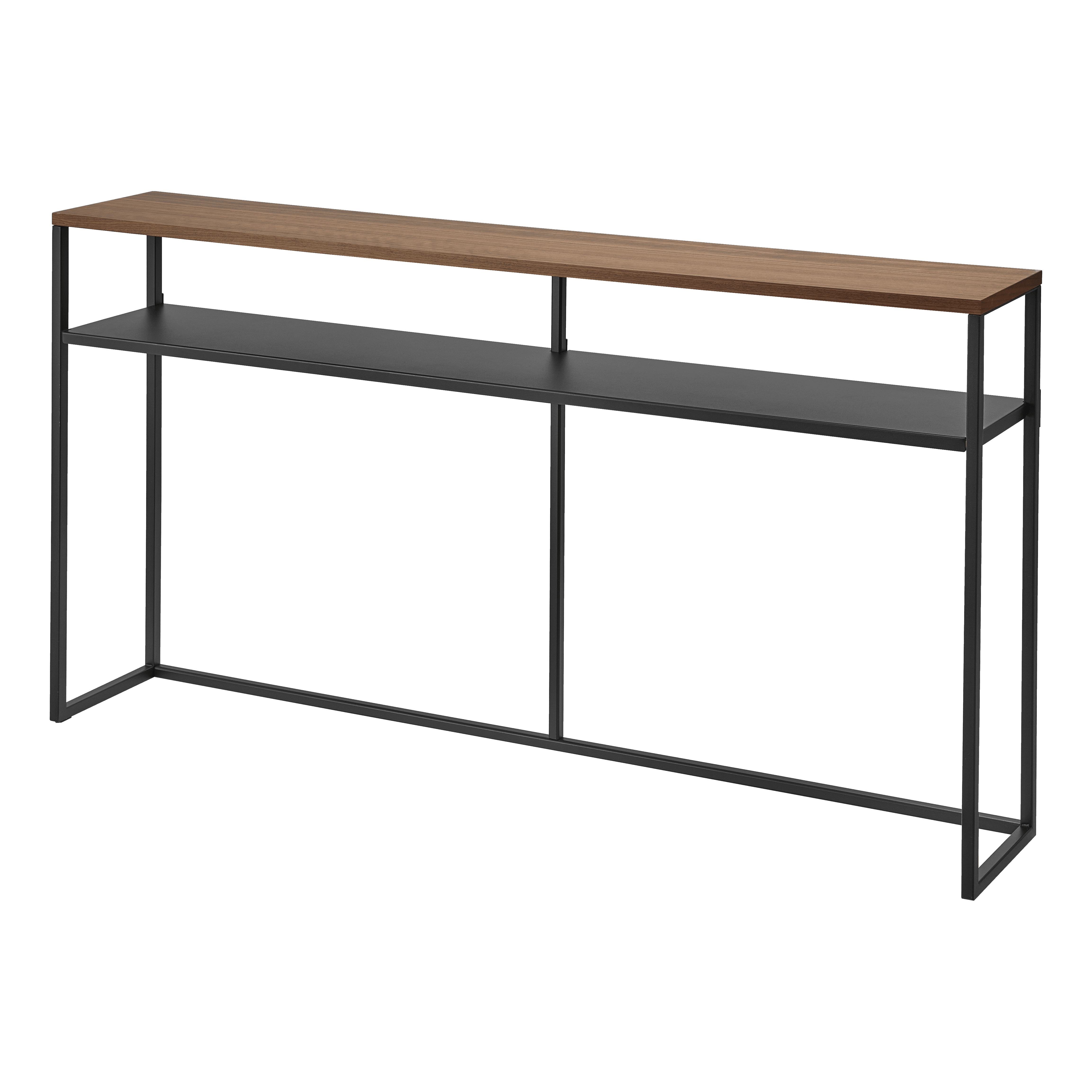 Slim Black Metal Console Table with Wooden Top and Shelf