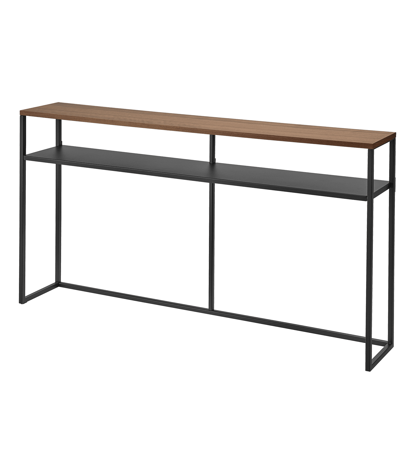 Slim Black Metal Console Table with Wooden Top and Shelf