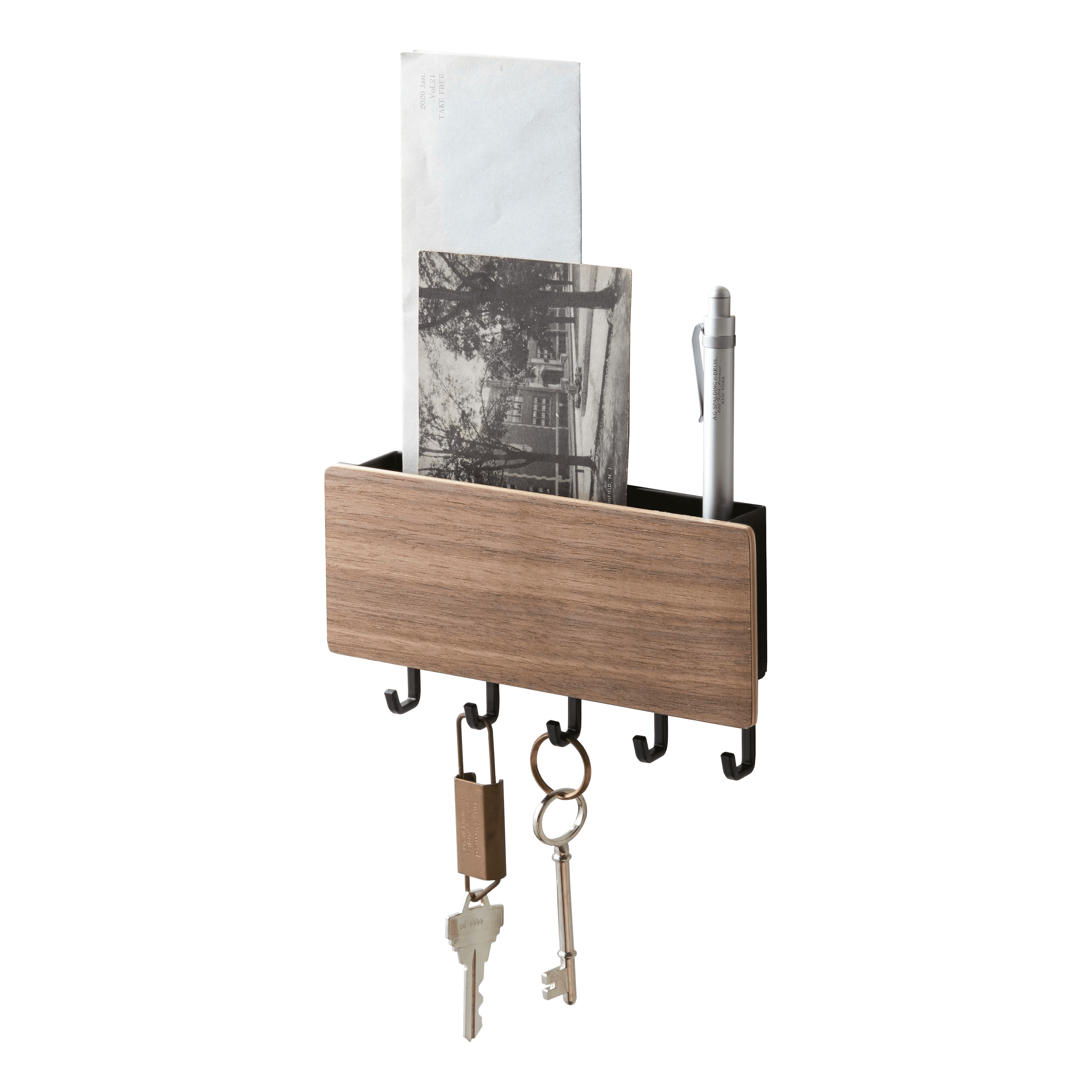 Brown Medium Wood and Steel Magnetic Key Rack with Tray
