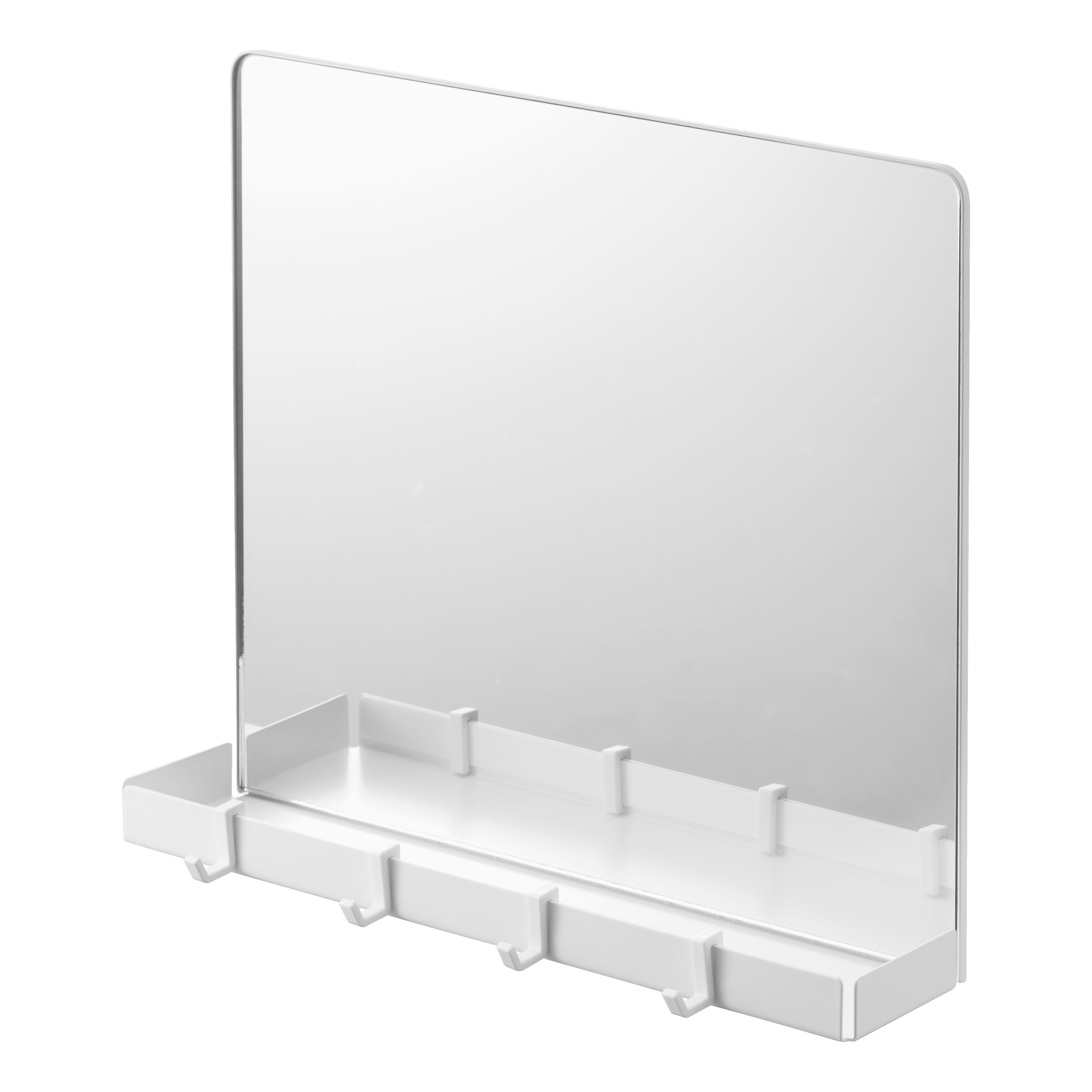 White Glass Magnetic Mirror with Storage Rack and Hooks