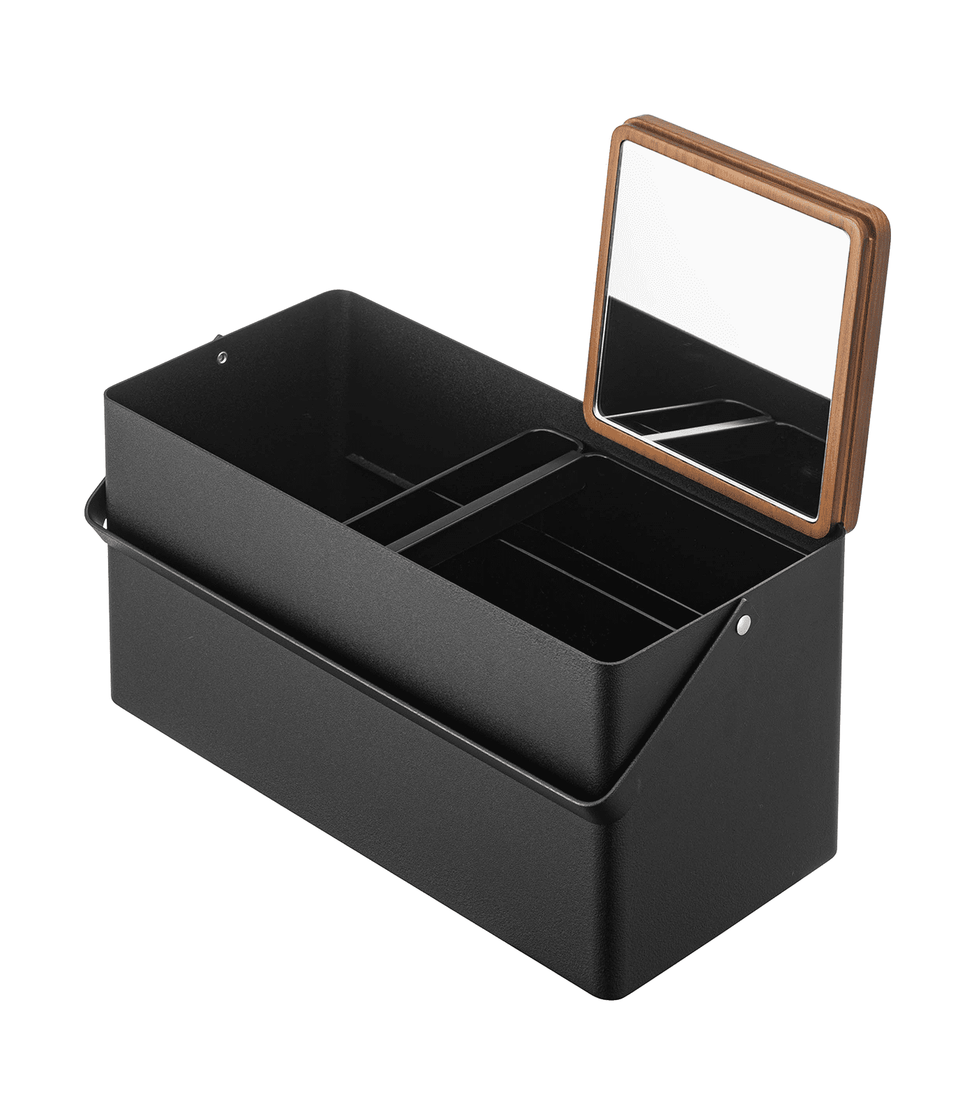 Black Steel & Wood Handled Makeup Organizer with Sliding Tray & Mirror