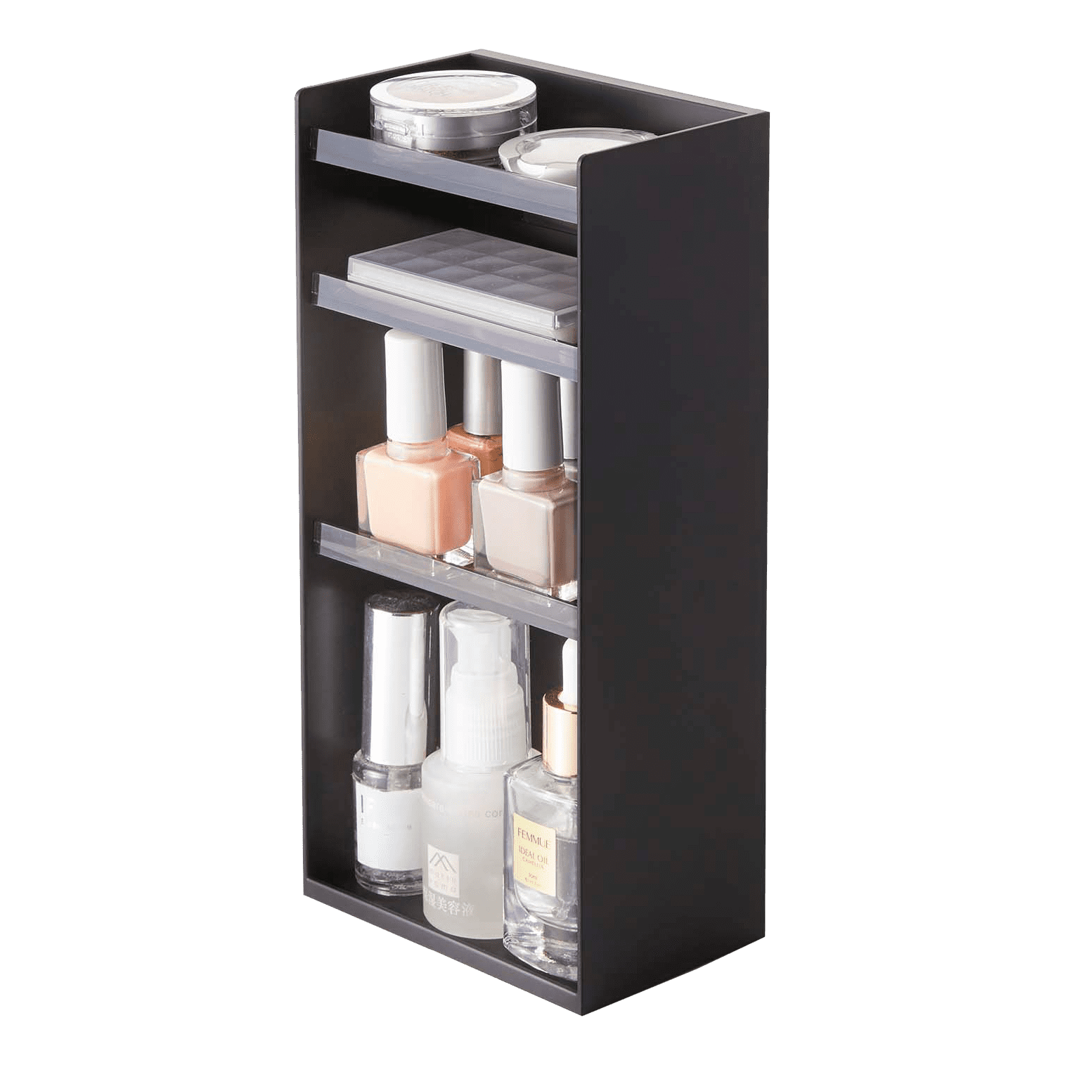 Black Minimalist Rectangular Makeup Organizer with Clear Tiers