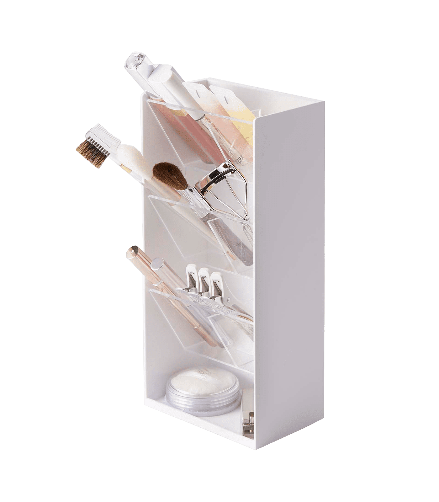 White Angled Adjustable Makeup Organizer with Transparent Trays