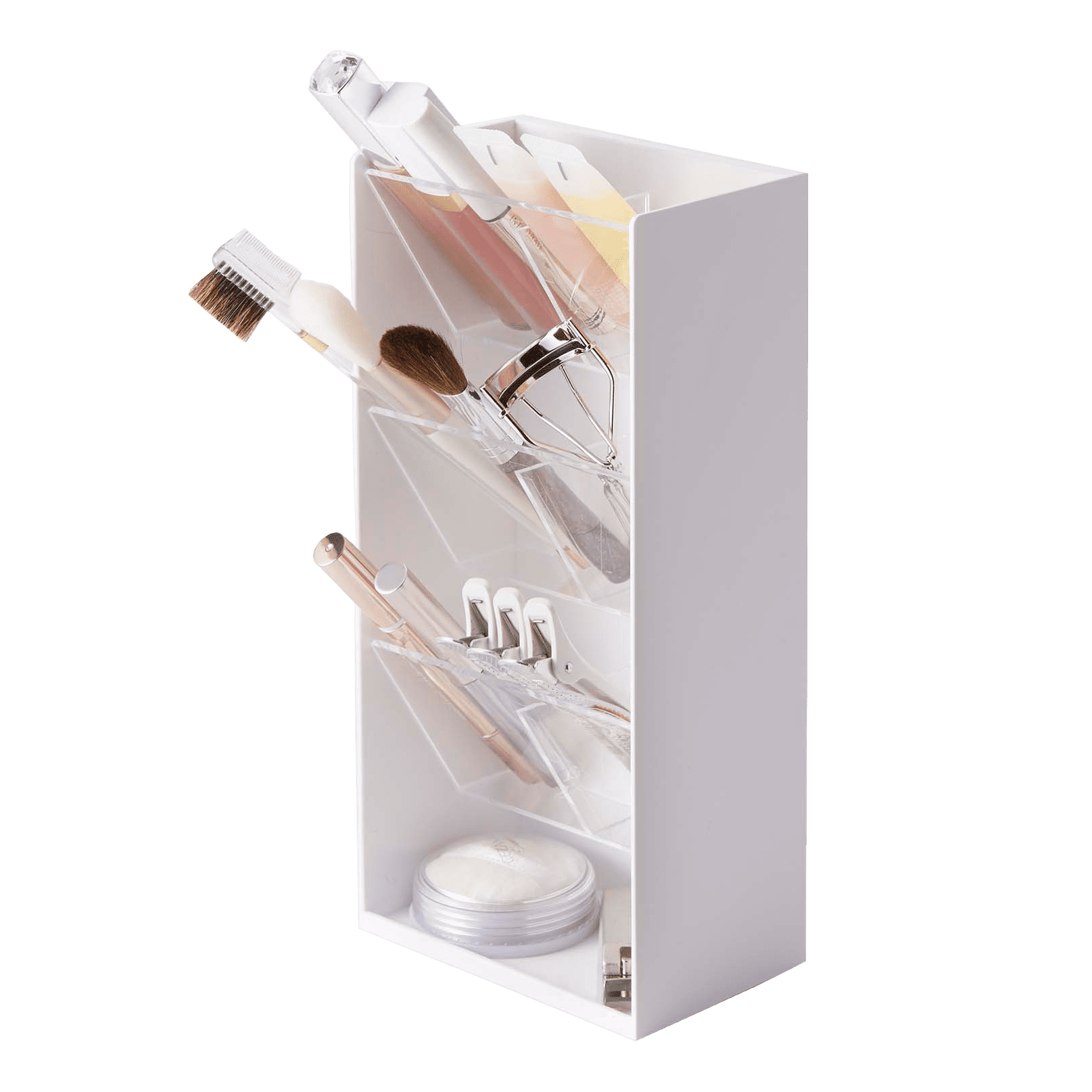 White Angled Adjustable Makeup Organizer with Transparent Trays