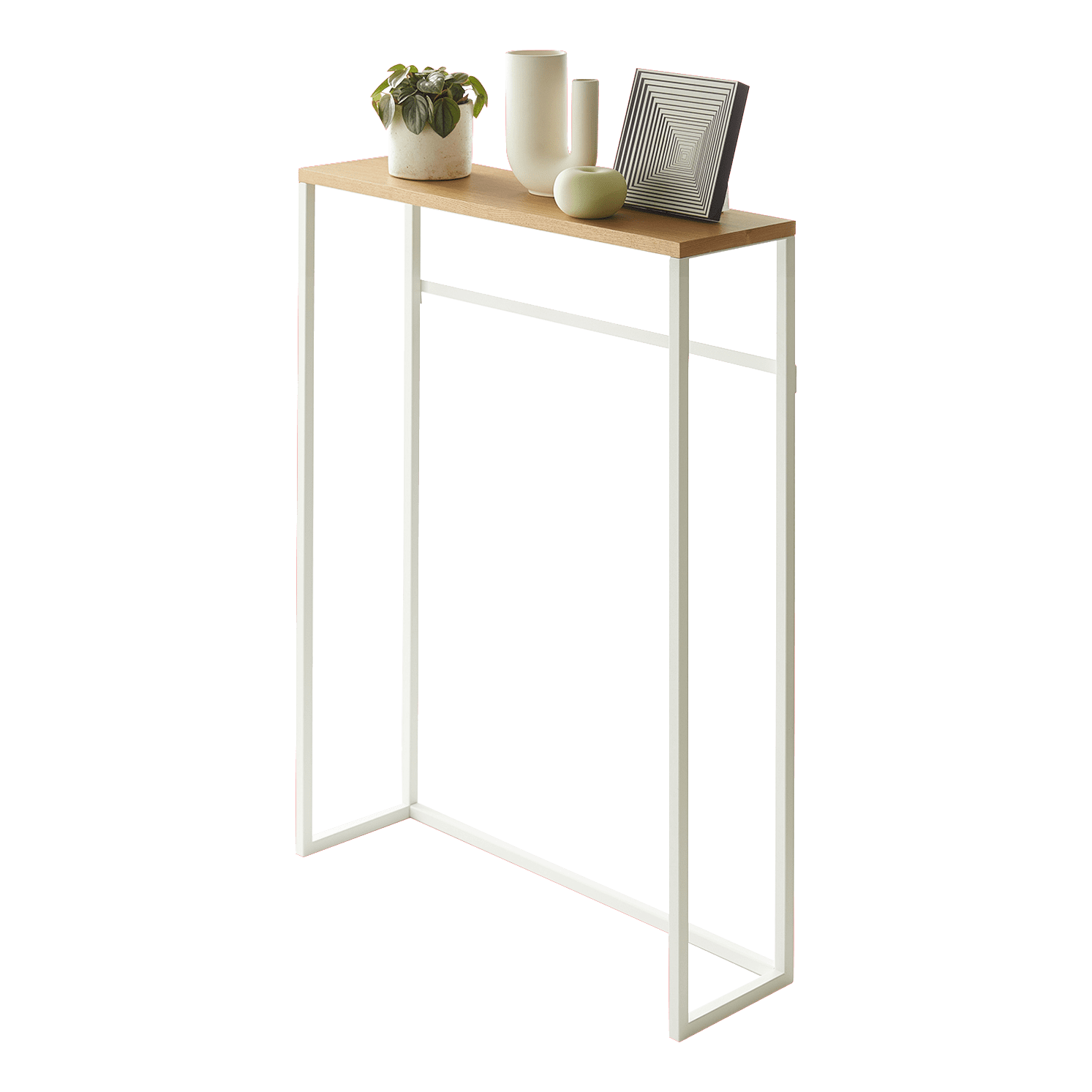 Slim White Metal & Wood Console Table with Storage Hooks