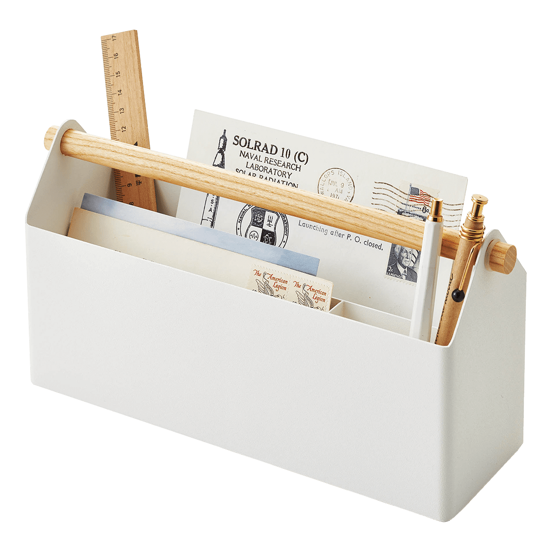 Minimalist White Steel & Wood Desk Organizer with Wooden Crossbar