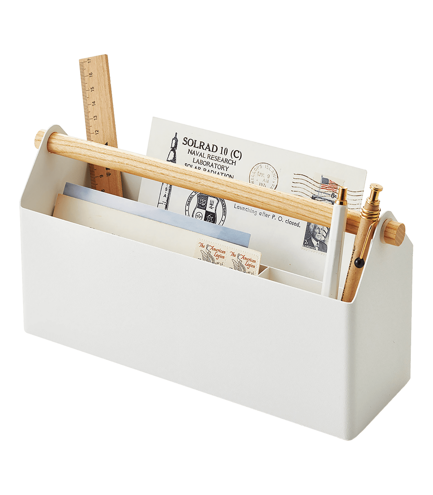Minimalist White Steel & Wood Desk Organizer with Wooden Crossbar