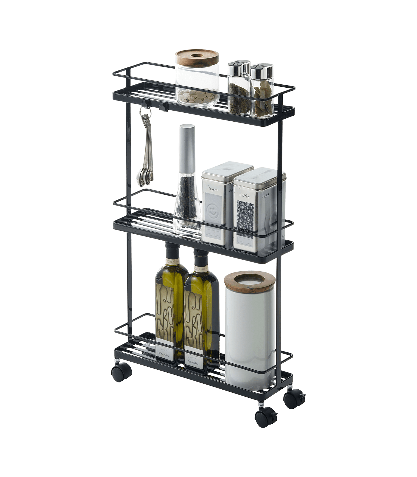 Black Steel Rolling Kitchen Storage Cart with 3 Shelves