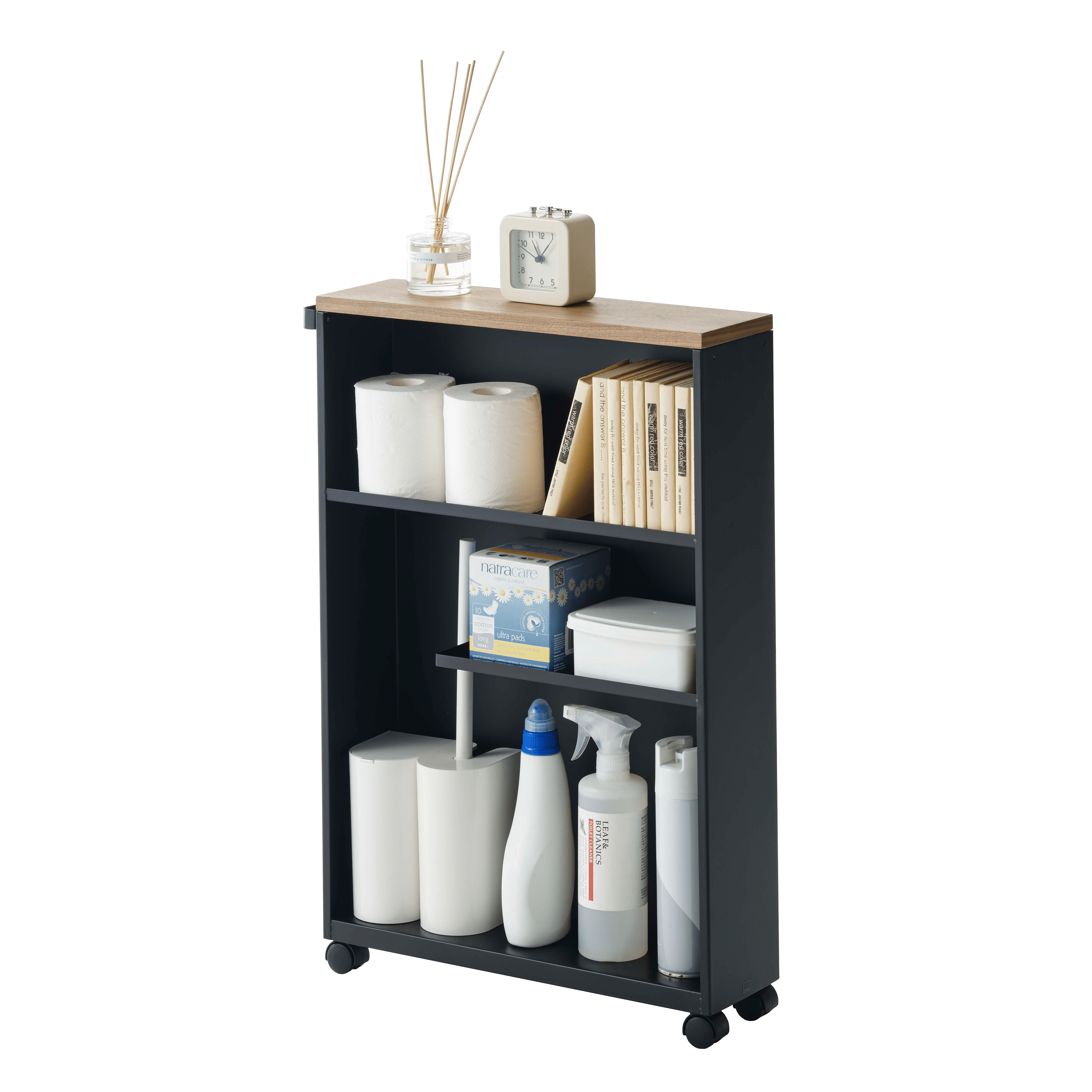 Black Adjustable Slim Rolling Bathroom Cart with Wood Top