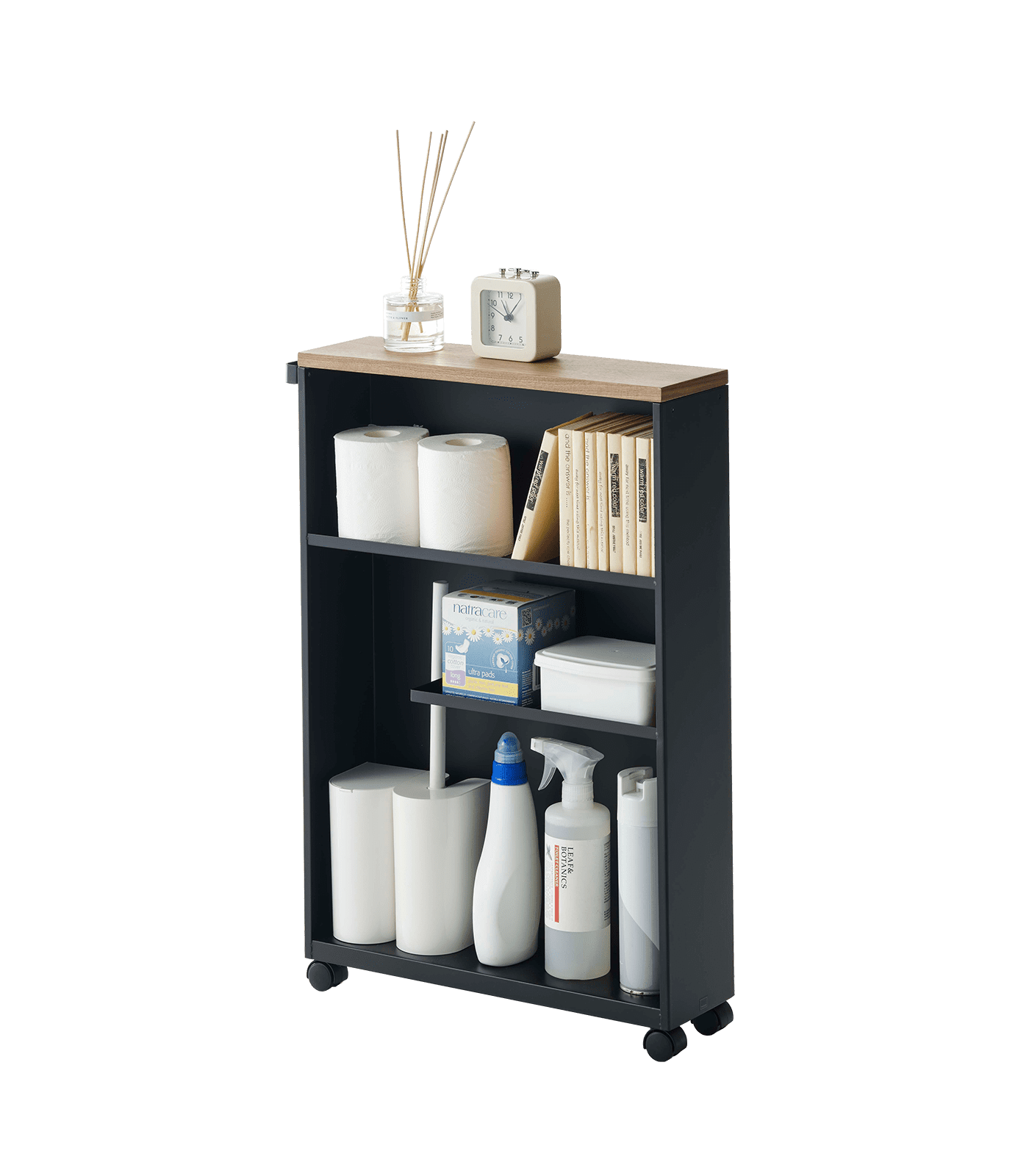 Black Adjustable Slim Rolling Bathroom Cart with Wood Top