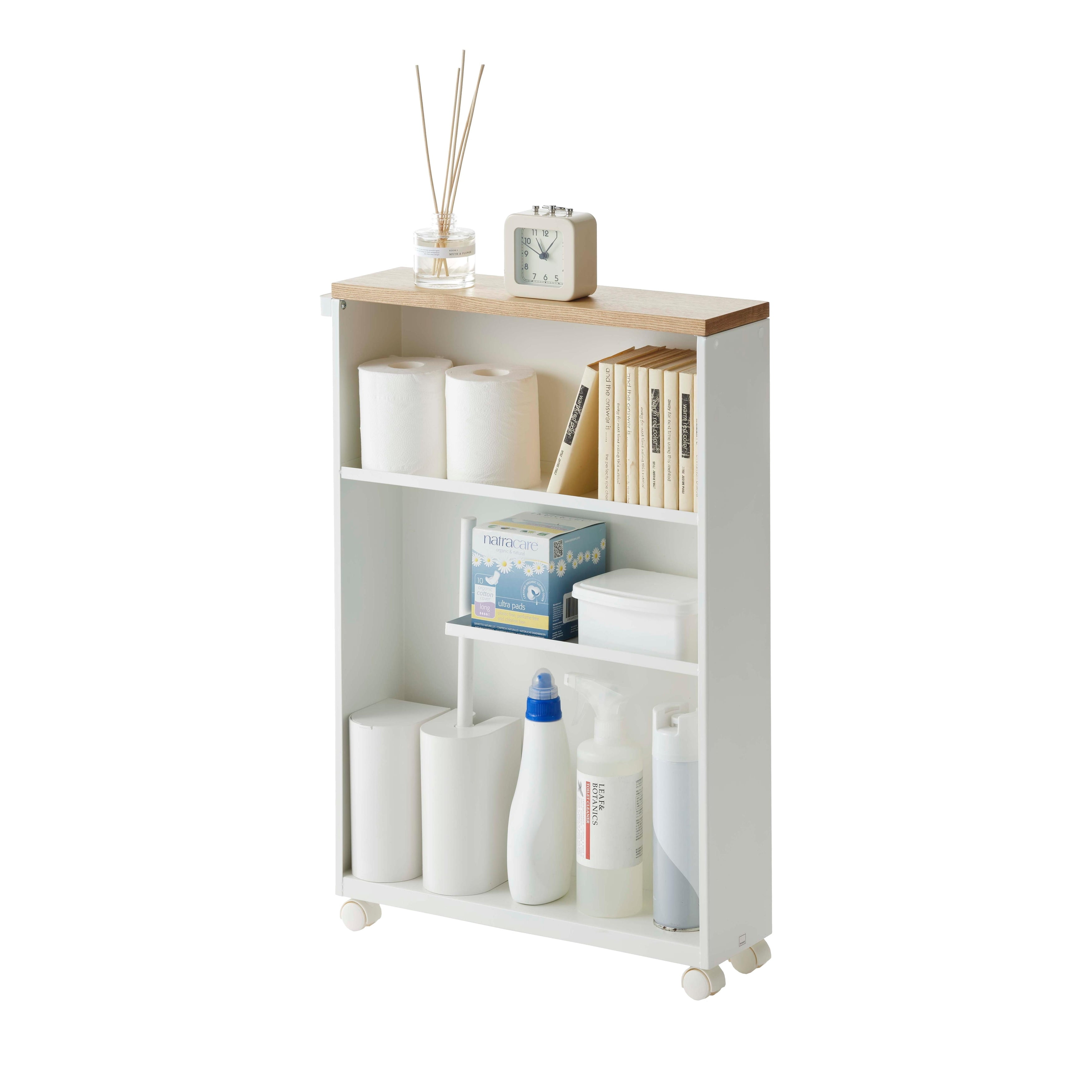 Slim White Wood Adjustable Rolling Bathroom Storage Cart